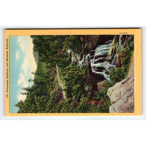 Vintage Linen Postcard Picturesque Highway & Mountain Waterfall NC - Picture 1 of 2